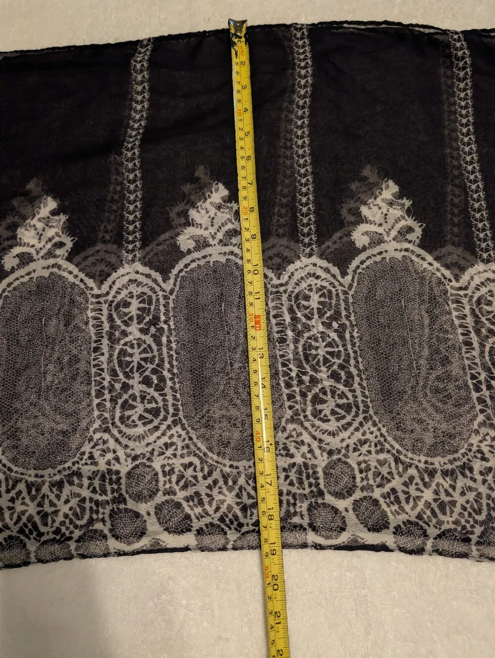 Black and White Lightweight Infinity Scarf with Ornate Lace Print